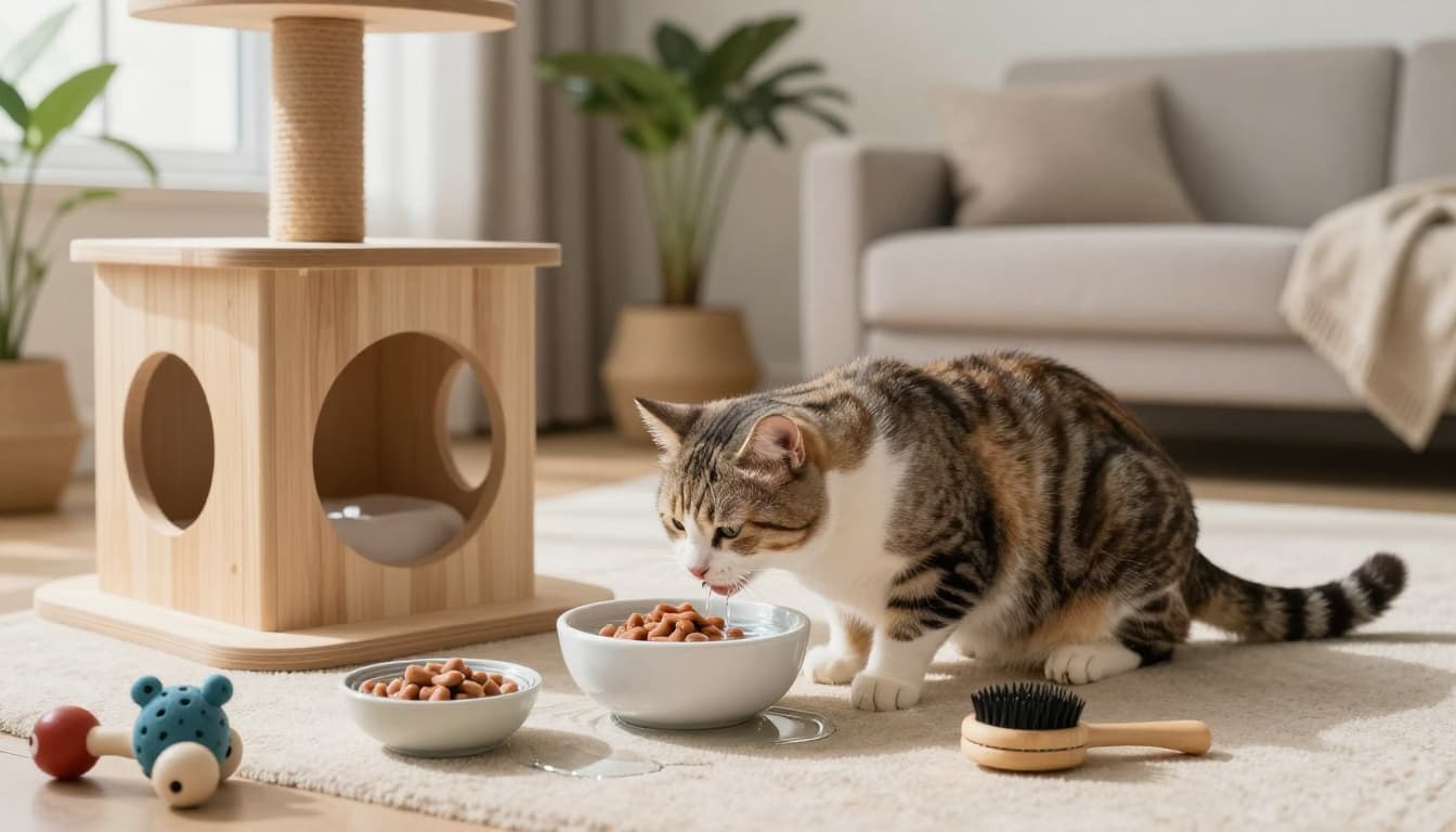 A relaxed elegant cat drinks fresh water from a stylish fountain next to bowls of wet food and a premium solid wood cat tree in a minimalist Scandinavian living room with bright natural light and cozy atmosphere.