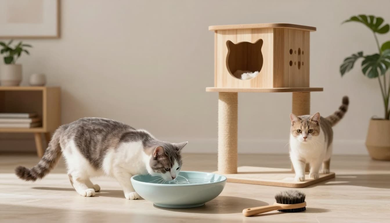 An elegant cat drinks fresh water from a stylish fountain while another plays energetically on a premium wooden cat tree in a minimalist Scandinavian interior with neutral tones and plants.