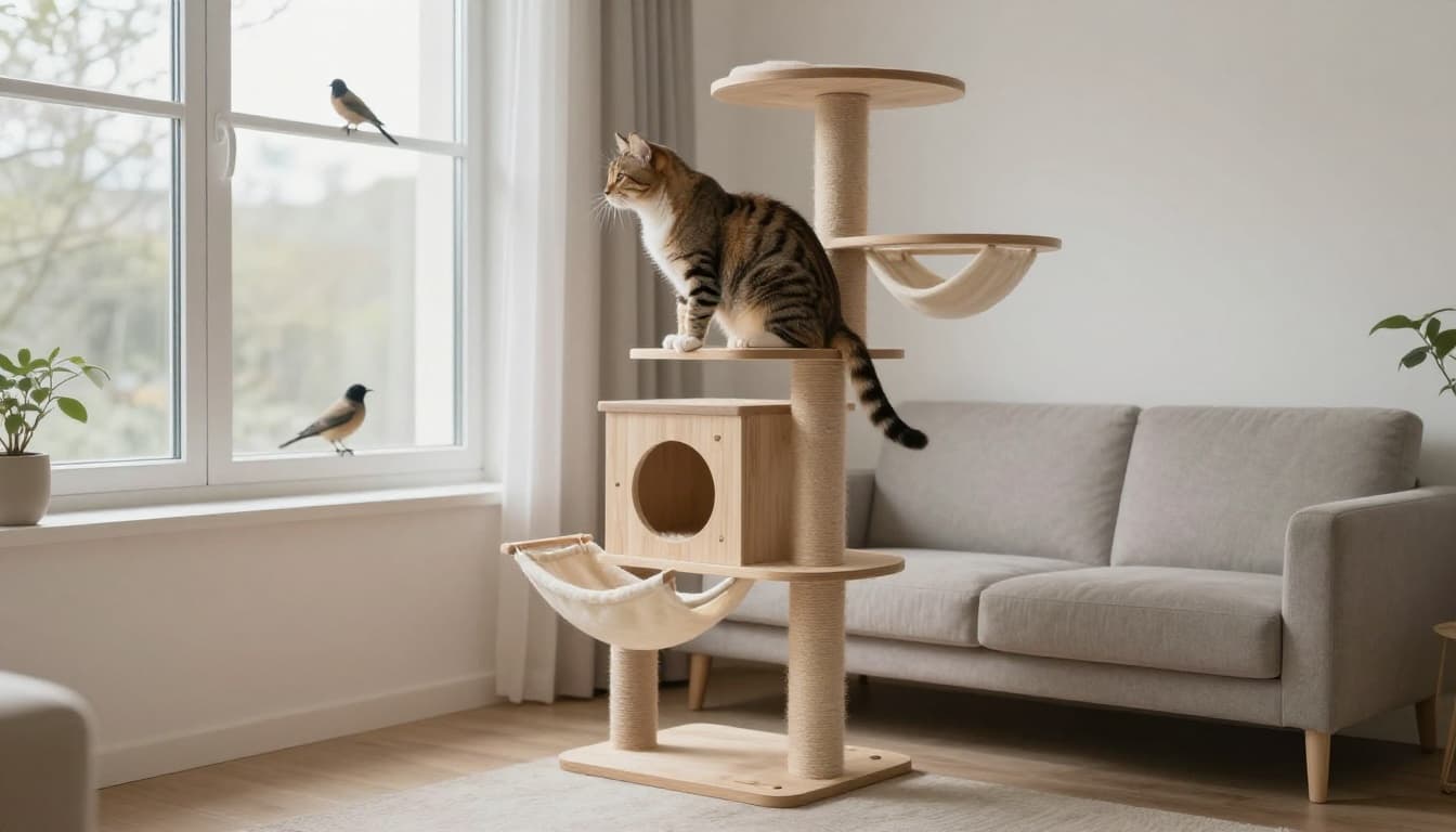 In a minimalist Scandinavian living room bathed in soft natural light, an elegant domestic cat perches relaxed on a stable multi-level wooden cat tree, confidently watching birds outside the window.