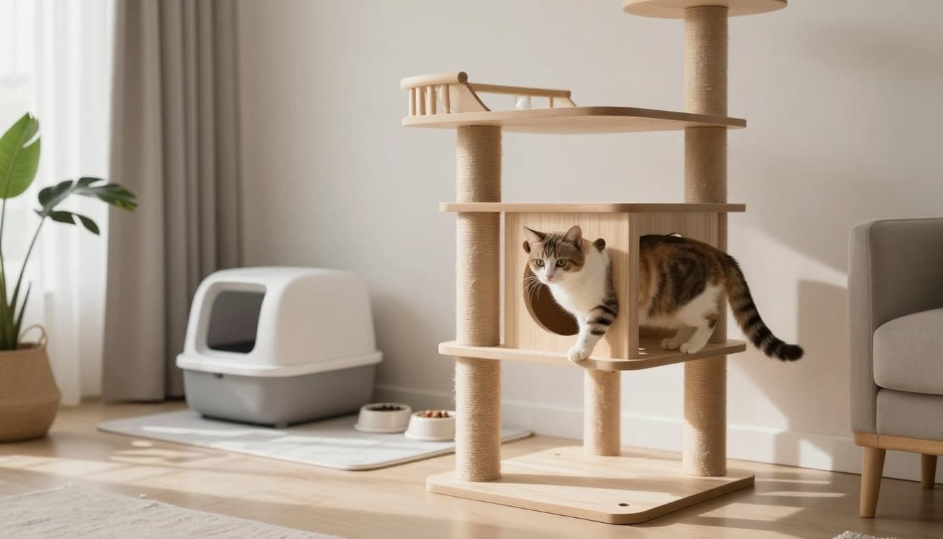 An elegant cat explores vertical spaces on a robust wooden cat tree in a bright minimalist Scandinavian interior, with a serene litter box area and neatly arranged food bowls.