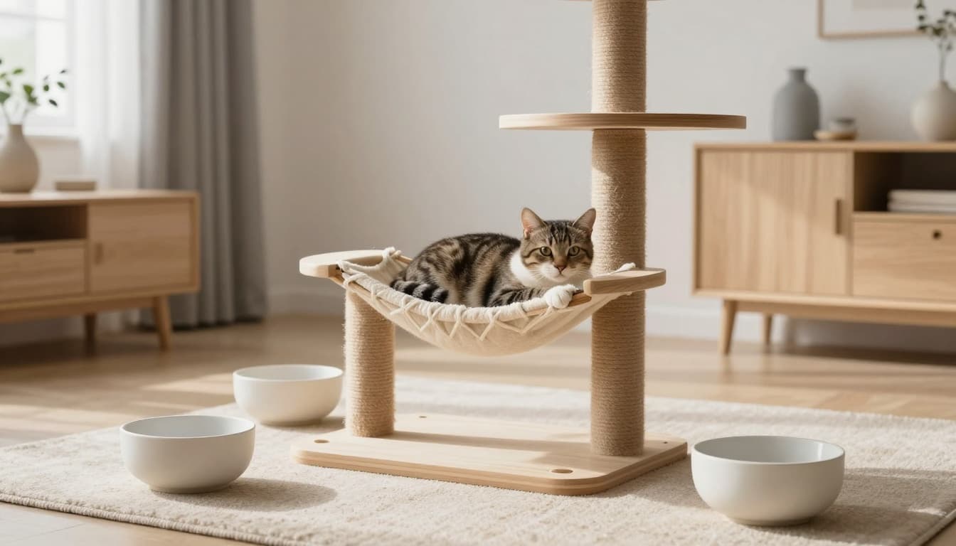 An elegant cat rests on a sturdy wooden cat tree with hammock and platforms in a minimalist Scandinavian living room filled with bright natural light. Wide ceramic water bowls sit nearby on the floor and shelves amid cozy beige rugs and light wood furniture.