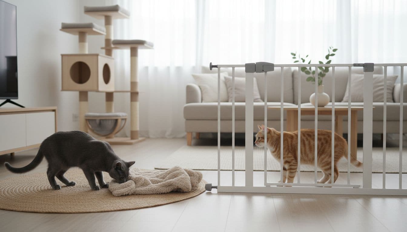 In a bright modern Scandinavian interior with neutral tones and natural light, a gray cat sniffs a blanket scented by its tabby companion, separated by a baby gate, with a stylish cat tree in the background.