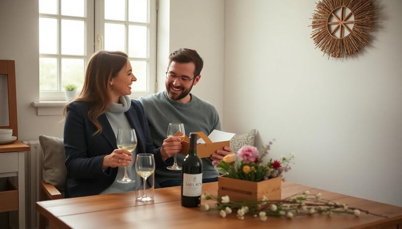 Couple dans un intérieur bohème, découvrant un cadeau utile posé sur une table en bois, ambiance lumineuse et chaleureuse
