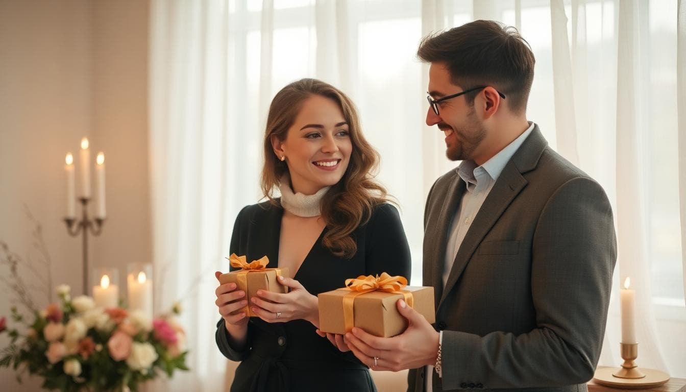 Couple échangeant un cadeau dans une ambiance bohème, lumière douce et fleurs sauvages