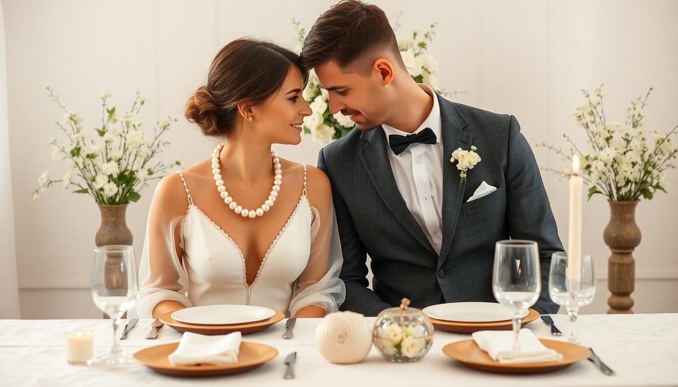 Couple élégant dînant à une table raffinée avec détails en perles blanches, collier de perles fines et ambiance intime et lumineuse