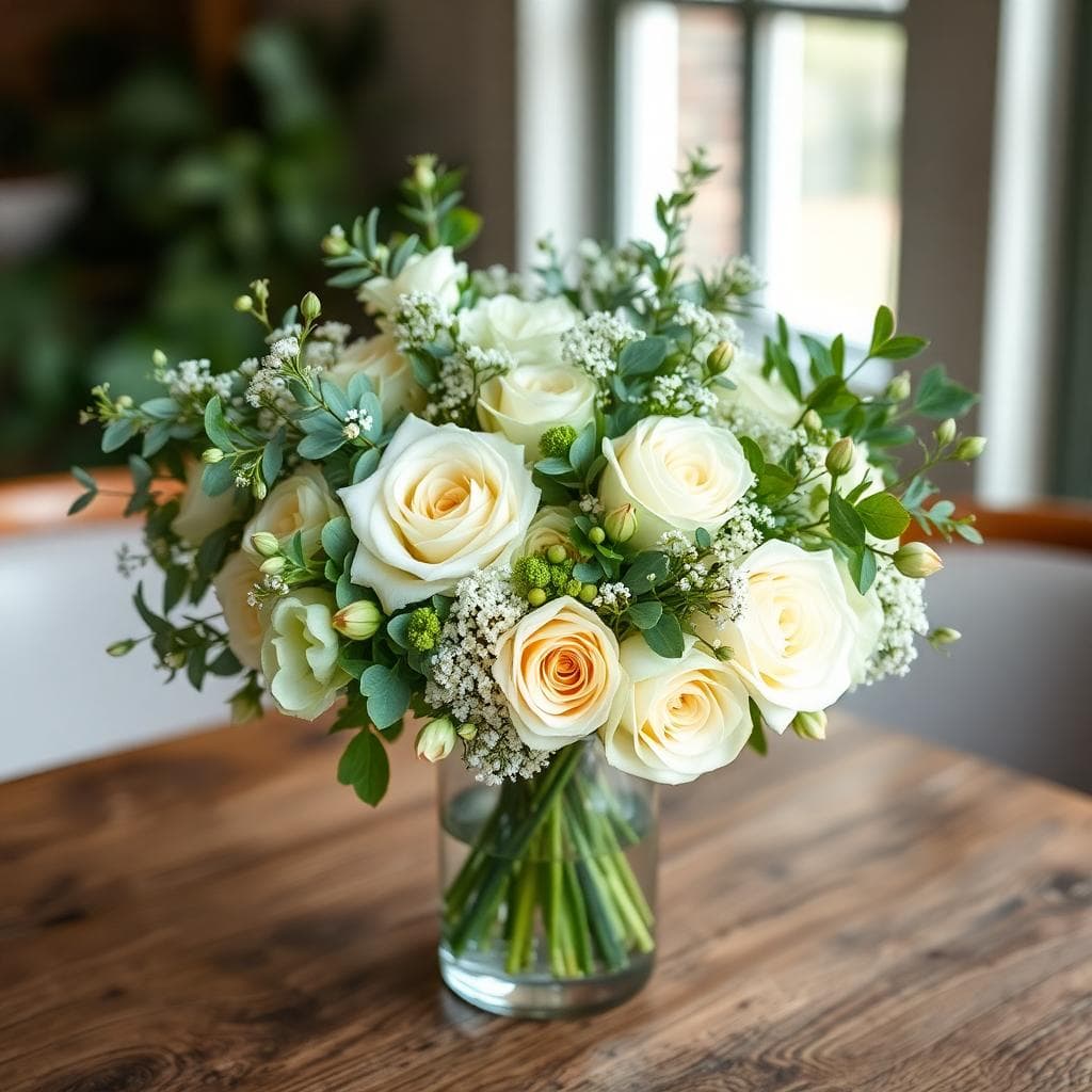Bouquet vert émeraude avec hortensias, eucalyptus, fougère, roses blanches, gypsophile et succulentes, style bohème