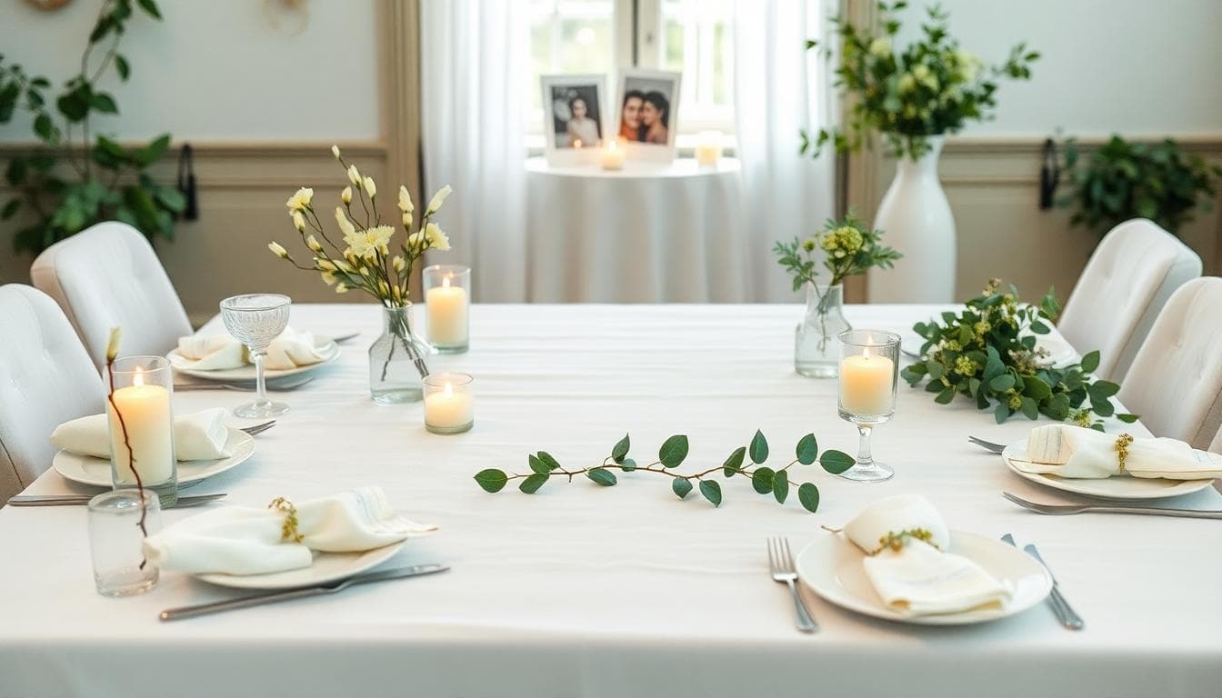 Table de fête émeraude chic avec lin blanc, bougies, rubans verts et coin souvenirs avec Polaroid
