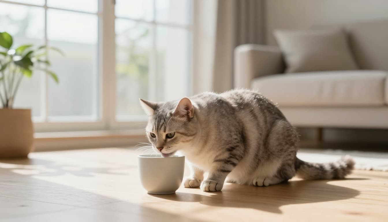 An elegant gray cat drinks fresh water from a modern ceramic bowl on a light wood floor in a cozy, minimalist Scandinavian living room bathed in natural light.