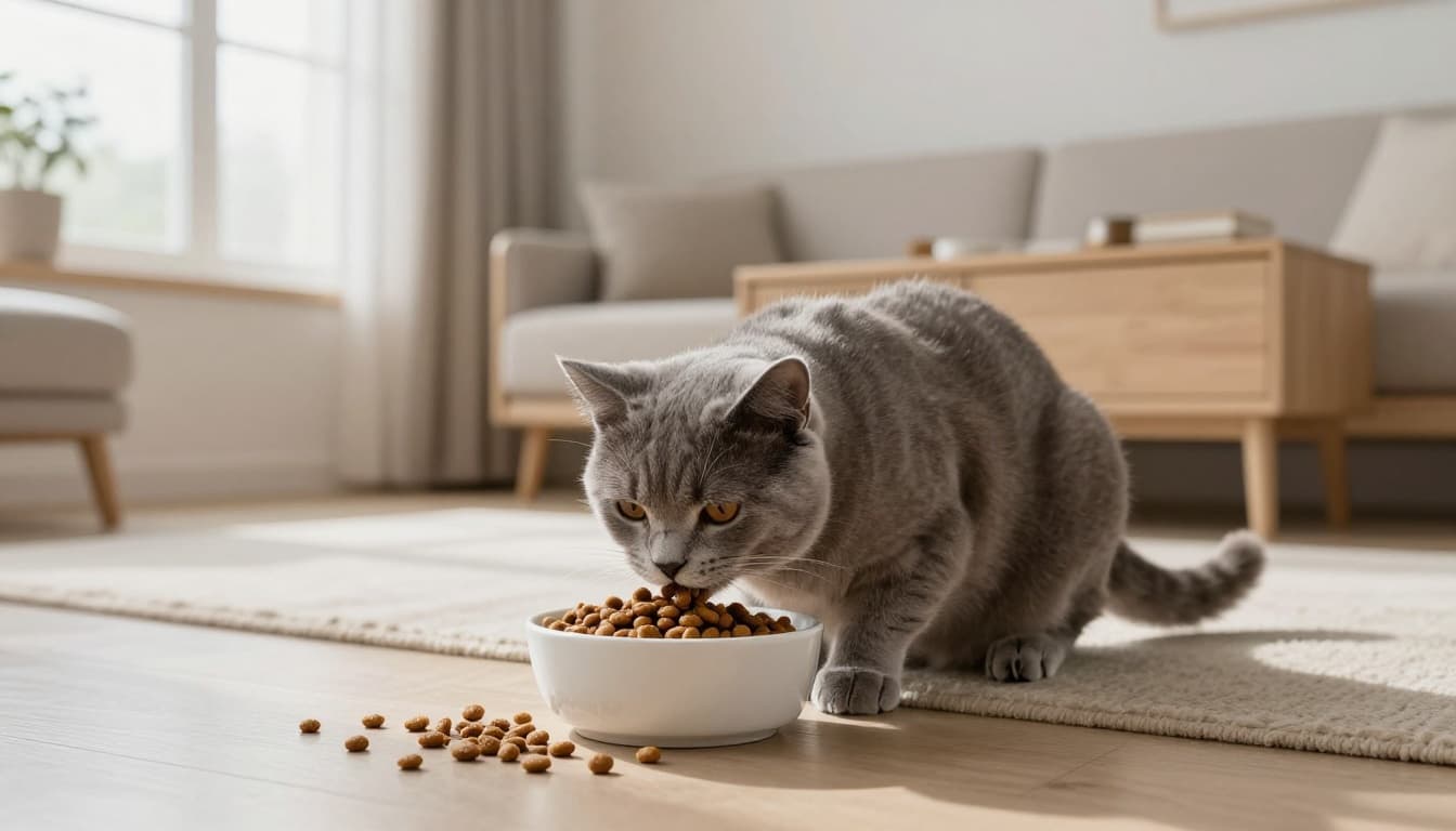 An elegant short-haired gray cat hurriedly eats kibble from a bowl in a bright Scandinavian living room, with a nearby pile of regurgitated kibble scattered on the floor.