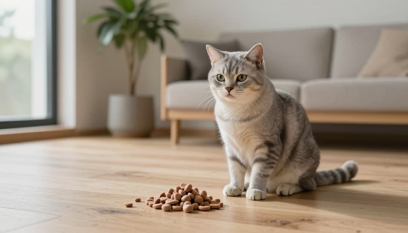 An elegant gray cat sits calmly in a modern Scandinavian living room with natural light, beside a ceramic bowl of kibble and a small pile of recently regurgitated, undigested kibble on the light wood floor. The minimalist interior features light wood furniture, beige and gray cushions, and a cozy atmosphere.