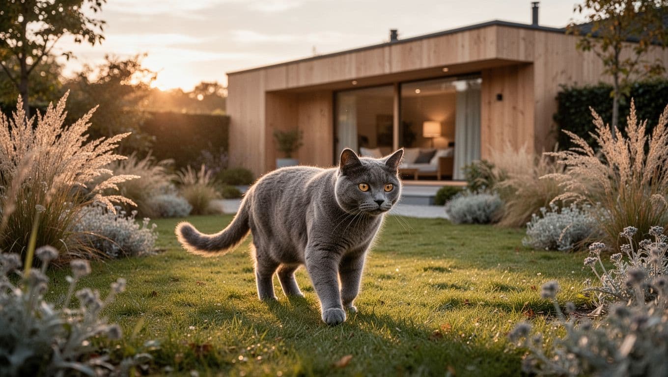 An elegant adult gray cat walks calmly through a minimalist Scandinavian garden at sunrise, illuminated by soft natural light on green grass and neutral beige-gray plants. In the background, a modern cozy house with light wood creates a warm, peaceful atmosphere.