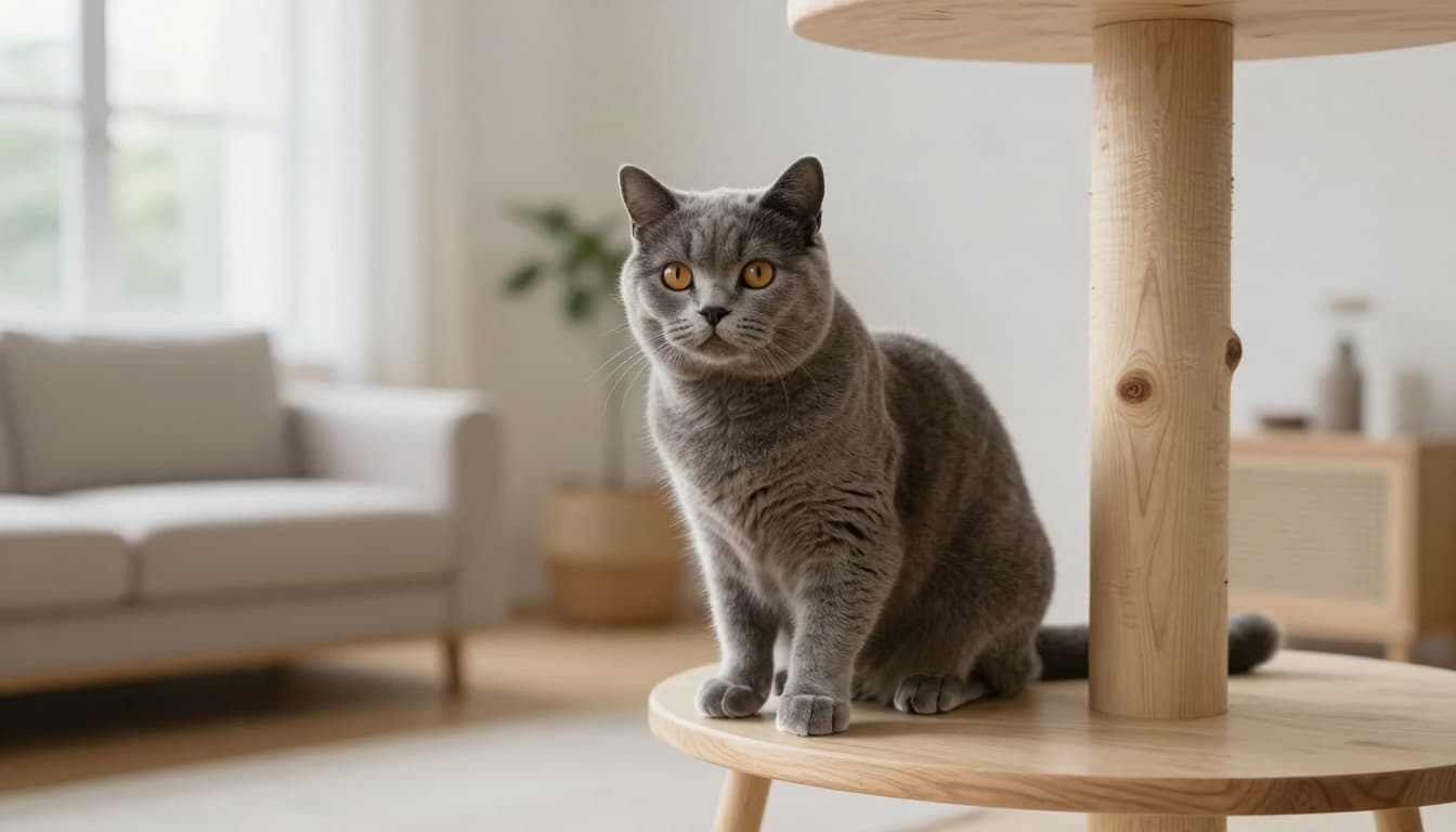 An elegant gray cat sits attentively on a light wooden cat tree in a cozy minimalist Scandinavian living room, ears perked curiously toward an invisible sound, with soft natural light and neutral tones.