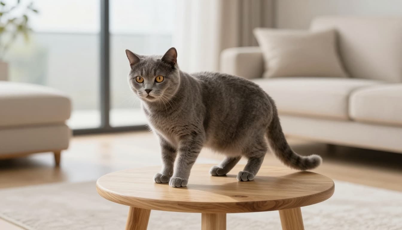 An elegant gray cat lightly scratches its neck on a premium wooden cat tree in a minimalist Scandinavian living room with soft natural light and cozy neutral decor.