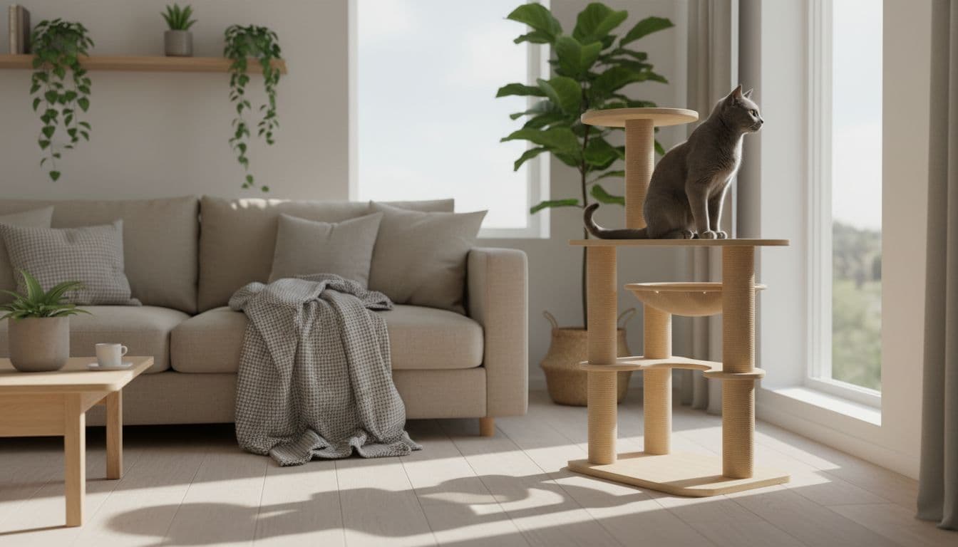 Elegant gray cat sitting curiously on a natural wood cat tree in a bright Scandinavian living room with beige sofa, green plants, and soft natural light filtering through the window. Minimalist cozy ambiance with neutral tones of light wood, gray, and beige.