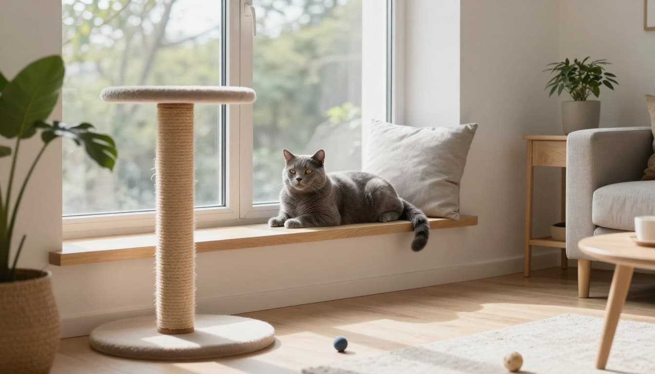 An elegant adult gray shorthair cat relaxes on a wide window perch with a nearby scratching post in a cozy bright Scandinavian apartment living room. Minimalist decor with light wood elements, soft grey cushions, plants, natural sunlight, and subtle toys create a warm inviting mood.