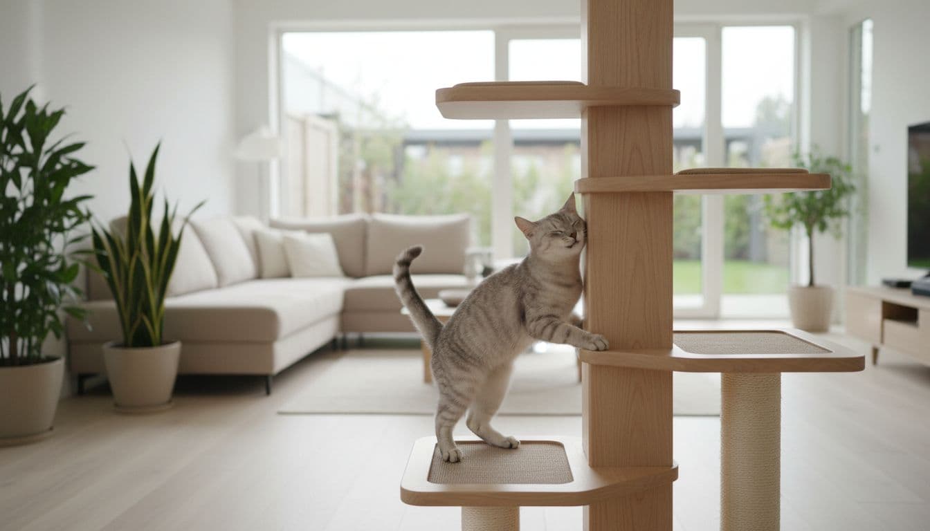 An elegant light gray tabby female cat during heat cycle arches her back and rubs intensely against a premium solid wooden cat tree in a bright modern Scandinavian living room with minimalist decor.