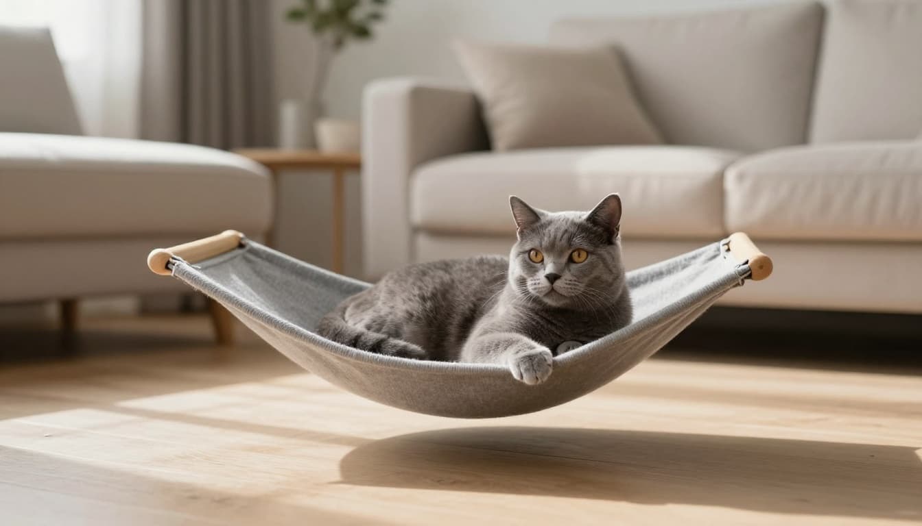 An elegant female grey cat lounges gracefully on a premium cat hammock in a modern minimalist living room. Bright natural daylight illuminates the scene, creating a serene and cozy vibe with neutral tones.