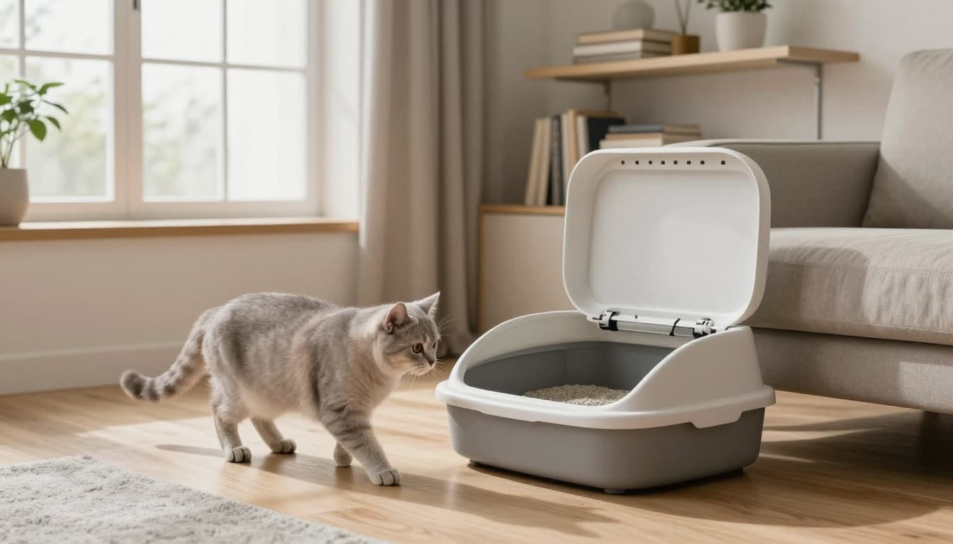 An elegant light grey cat approaches an open litter box in a quiet corner of a modern Scandinavian living room with natural light and minimalist decor.