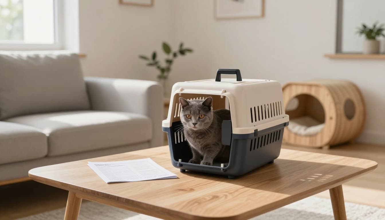 An elegant female grey cat sits calmly in a pet carrier on a light wood coffee table in a minimalist Scandinavian living room, with subtle vet papers and a premium cat hammock nearby, bathed in natural daylight.
