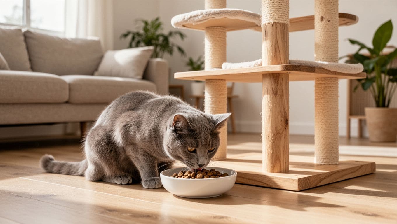 Exactly one elegant adult shorthair cat with soft grey fur calmly eats kibble from a shallow white ceramic bowl next to a wooden cat tree in a bright minimalist Scandinavian living room.