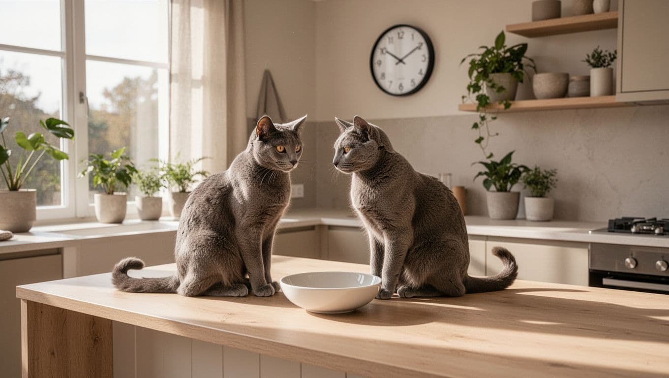 An elegant adult shorthair cat with sleek grey fur sits calmly near an empty white ceramic bowl on a light wooden island in a bright minimalist Scandinavian kitchen with morning sunlight.