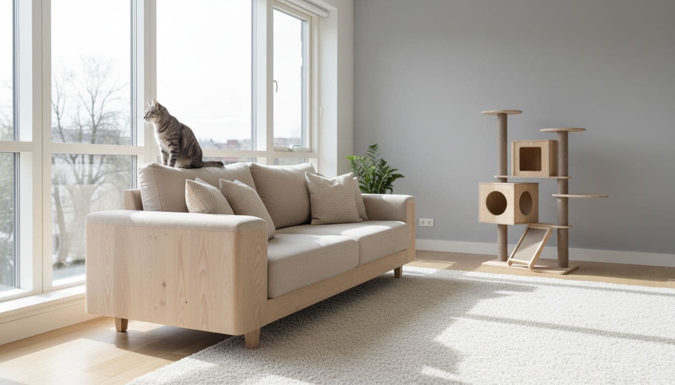 In a bright Scandinavian living room with minimalist decor, an elegant grey tabby cat sits confidently on a beige sofa gazing out the window, ignoring the stylish wooden cat tree nearby.