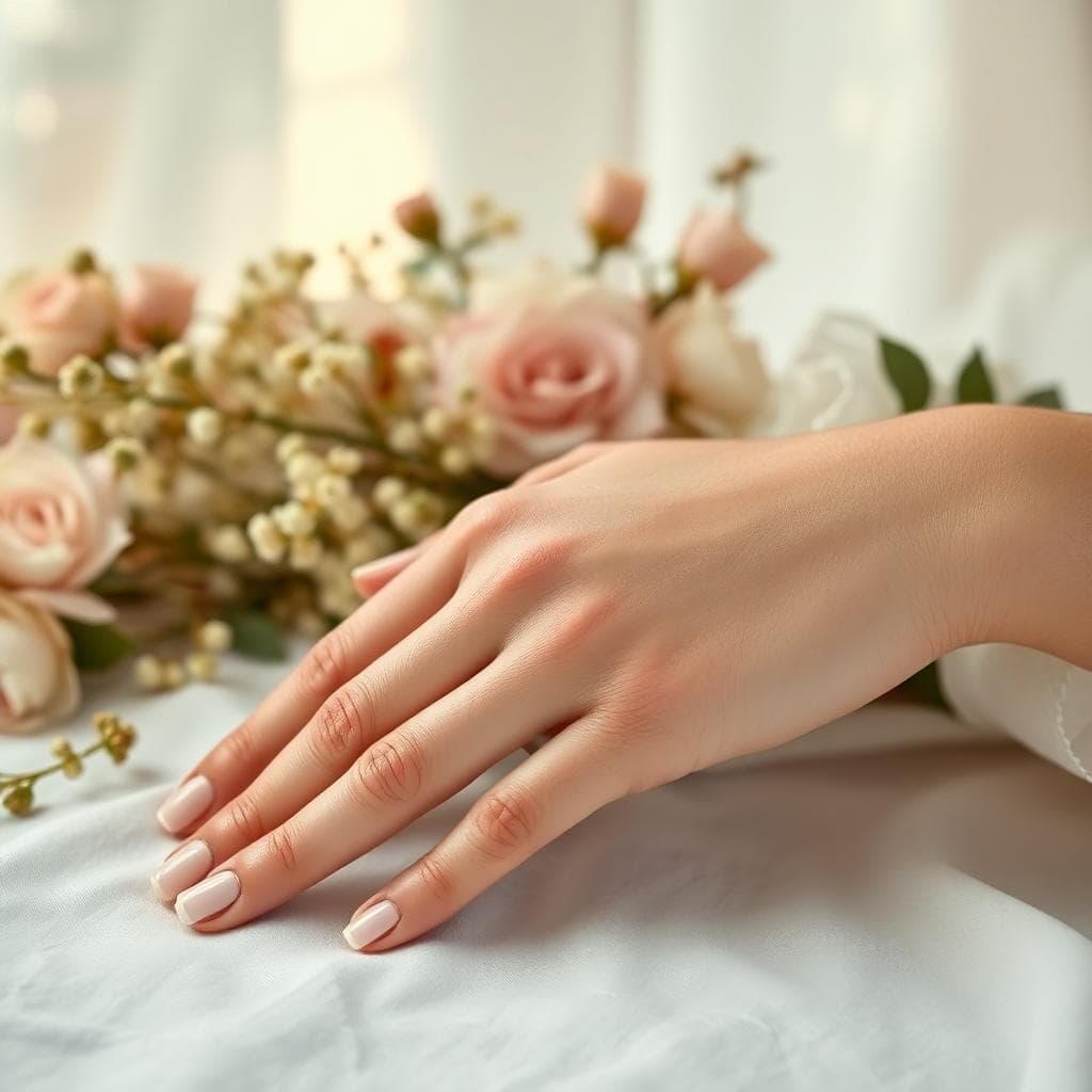 Main élégante mesurant une alliance en or sur un tissu bohème avec fleurs sauvages, lumière douce du matin