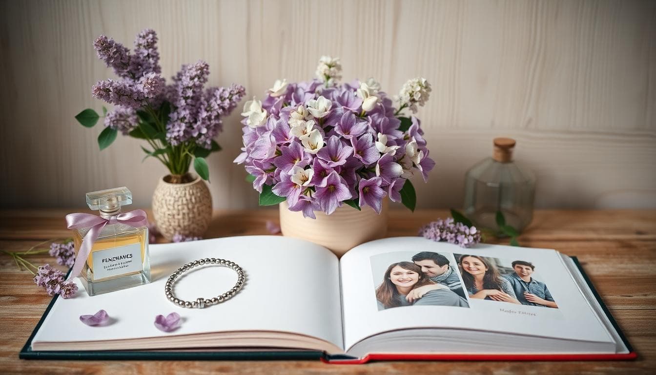 Composition de cadeaux autour du lilas, avec bouquet, parfum, collier et album photo
