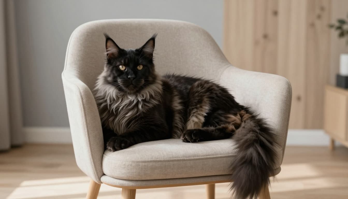 An elegant adult Maine Coon cat with long silky fur lounges majestically on a minimalist beige armchair in a modern Scandinavian interior bathed in bright natural daylight.