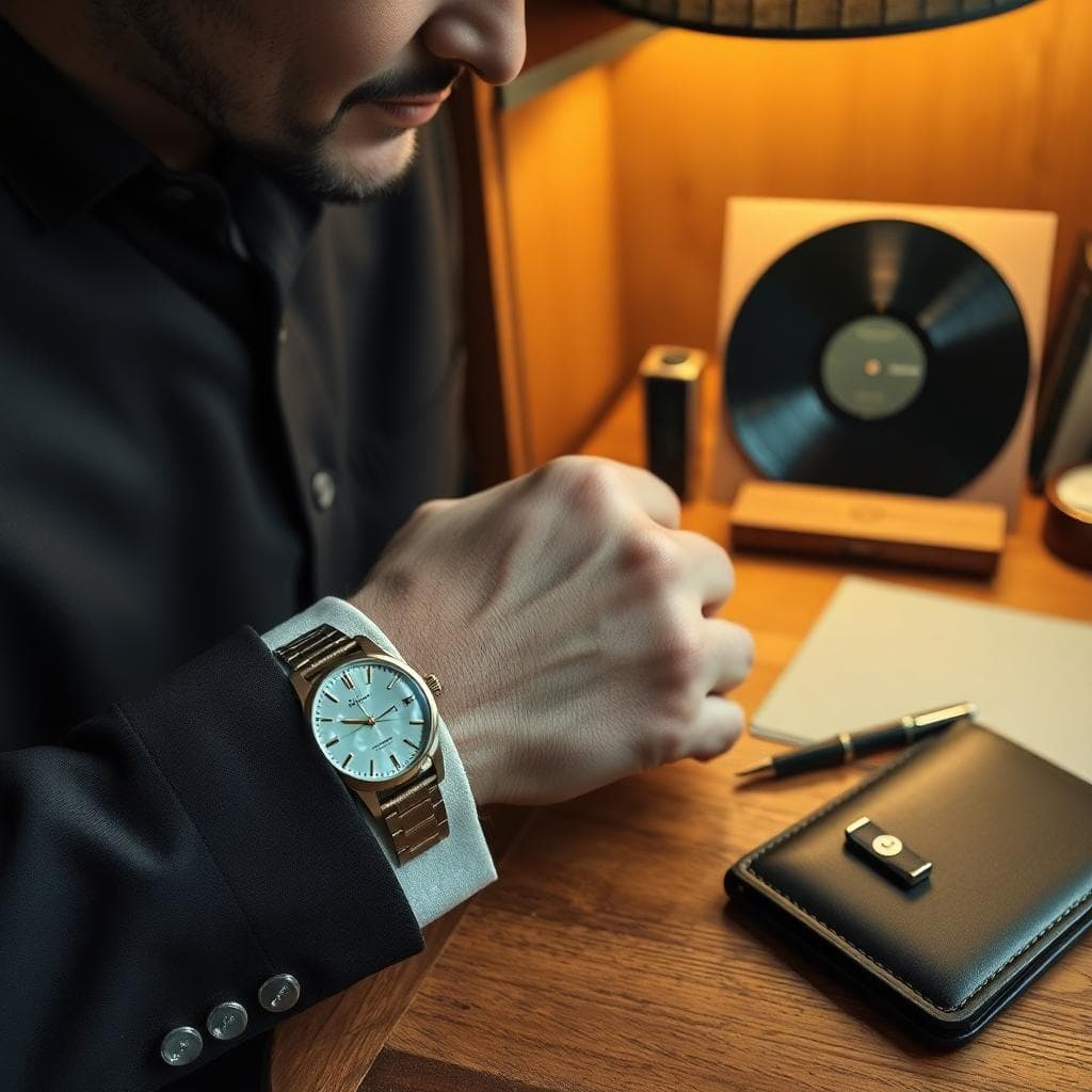 Homme élégant avec montre gravée et boutons de manchette en nacre, posés près d’un stylo de collection et d’un porte-documents