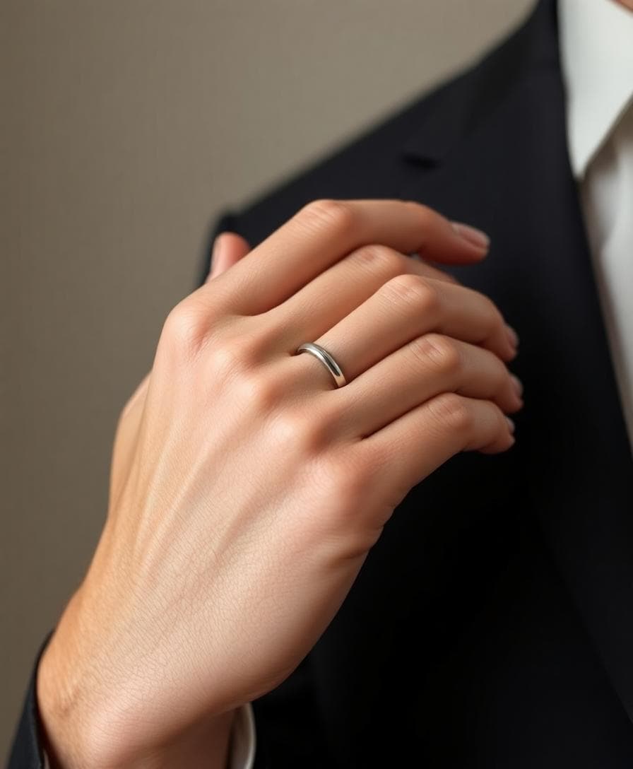 Main d’un homme avec une alliance simple en argent à l’annulaire droit