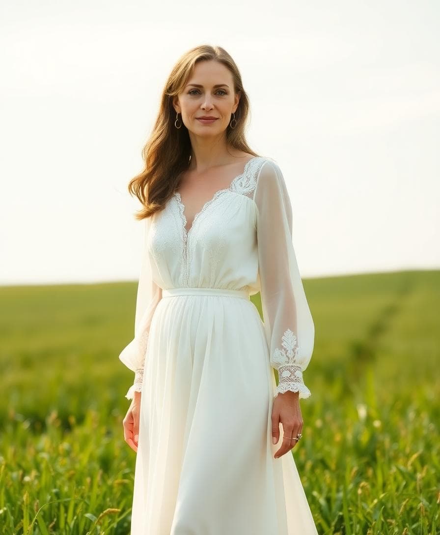 Mariée bohème mature en robe fluide de dentelle, manches légères, dans une prairie douce au coucher du soleil. Image created with AI