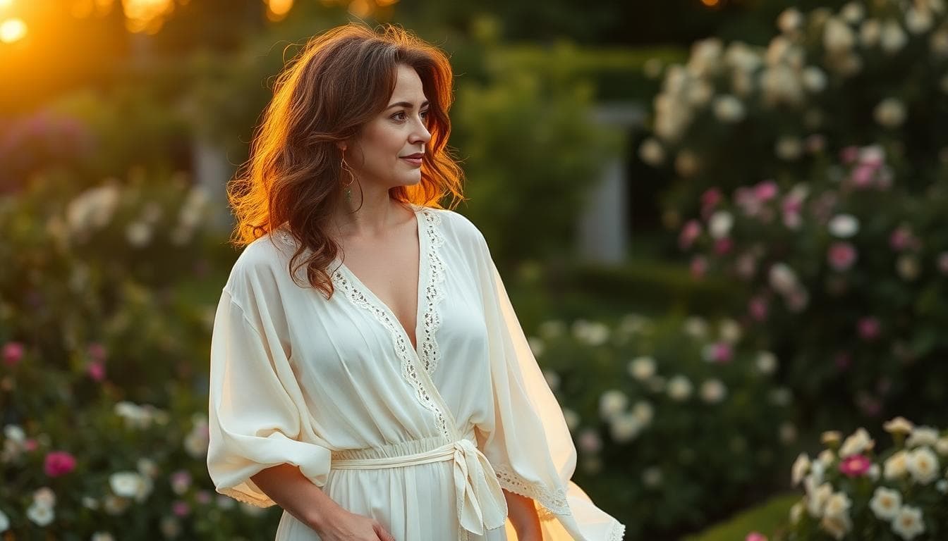 Femme mature élégante portant une robe bohème chic et fluide en ivoire avec touches vert émeraude sur une ceinture et un peigne, dans un jardin fleuri au soleil couchant, style romantique bohème, matières légères comme la dentelle douce, coupe qui allonge la silhouette, ambiance sereine et naturelle, tons verts et crème
