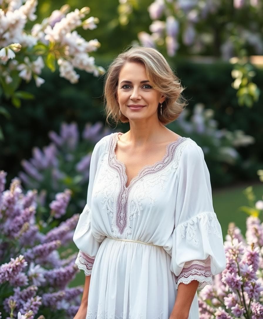 Femme mature en robe bohème fluide en dentelle, manches 3/4, dans un jardin de lilas