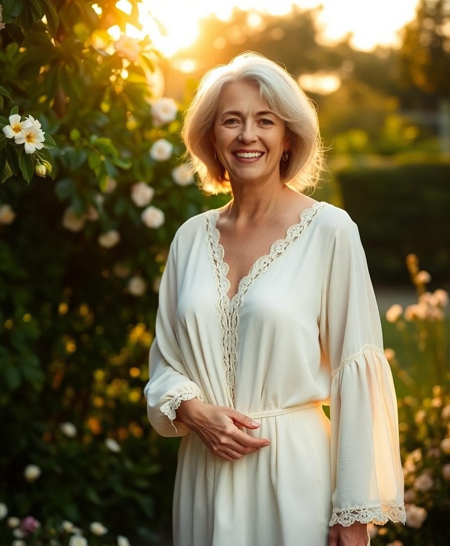 Portrait bohème chic en jardin, robe ivoire fluide avec touches sauge, lumière dorée au coucher du soleil