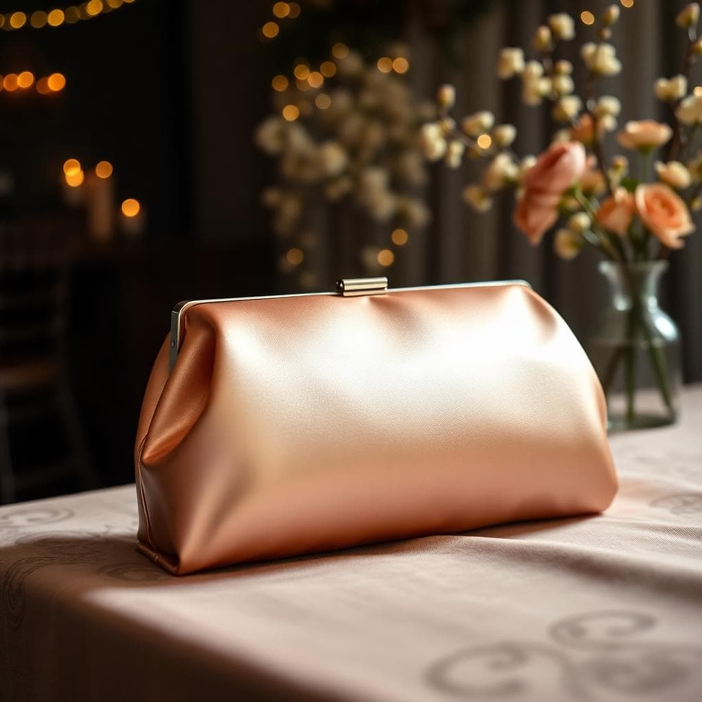 Pochettes satinées et métallisées argent, champagne et or rose dans un décor de soirée chic