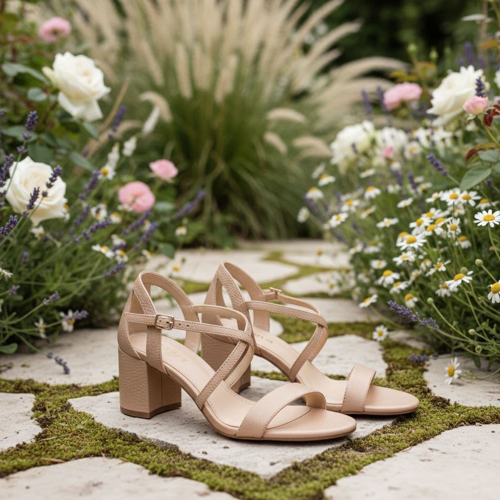 Sandales nude à talons blocs posées sur un chemin de jardin, style bohème chic, stables et confortables