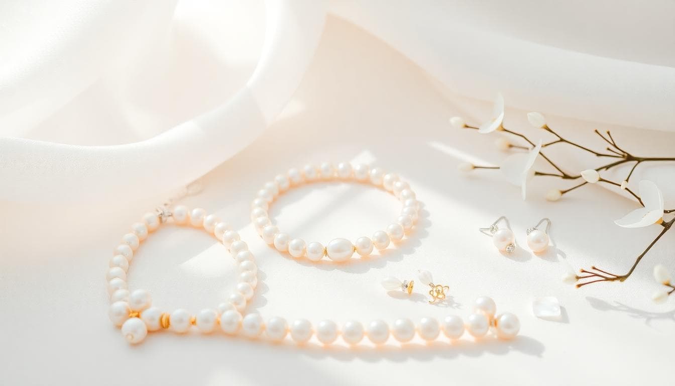 Composition de bijoux en perles nacrées, collier, bracelet et boucles d’oreilles sur un fond lumineux et romantique