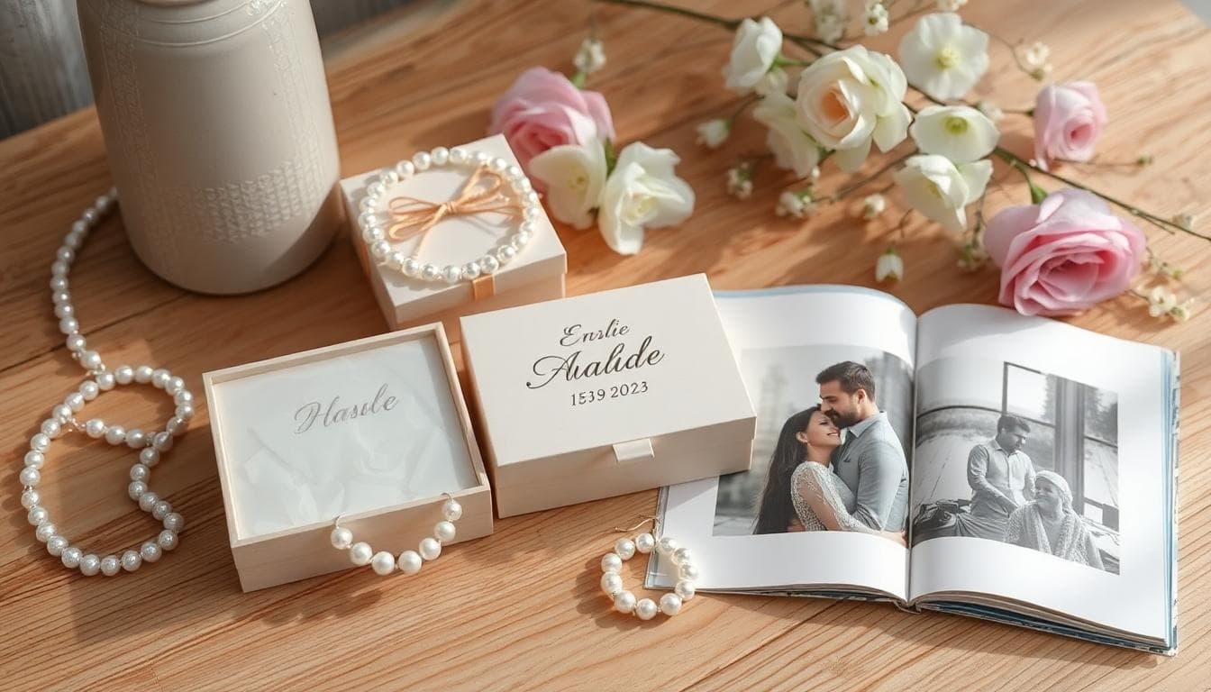 Composition élégante de cadeaux pour noces de perle: collier de perles, boîte en nacre gravée, boucles en perles fines et album photo ouvert sur une table claire, lumière douce