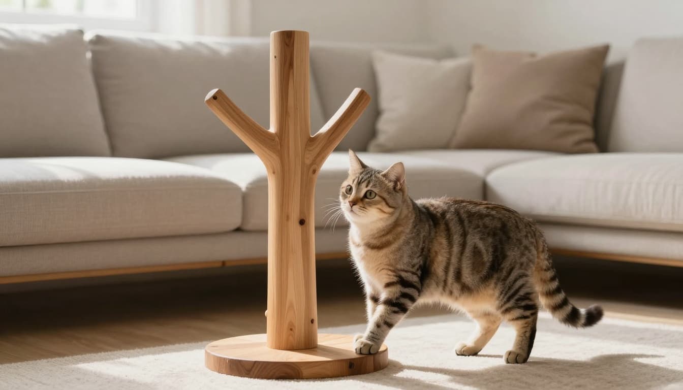 An elegant Persian cat gracefully explores a stylish wooden cat tree in a modern minimalist Scandinavian living room with bright natural light and neutral decor.
