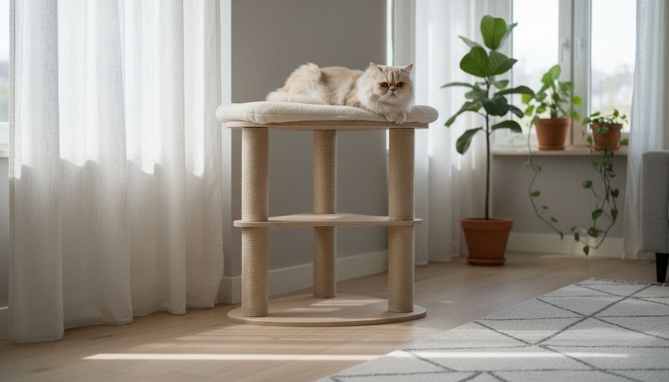 Elegant Persian cat resting calmly on a luxurious corner wooden cat tree in a serene Scandinavian interior with diffused natural light and minimalist decor.
