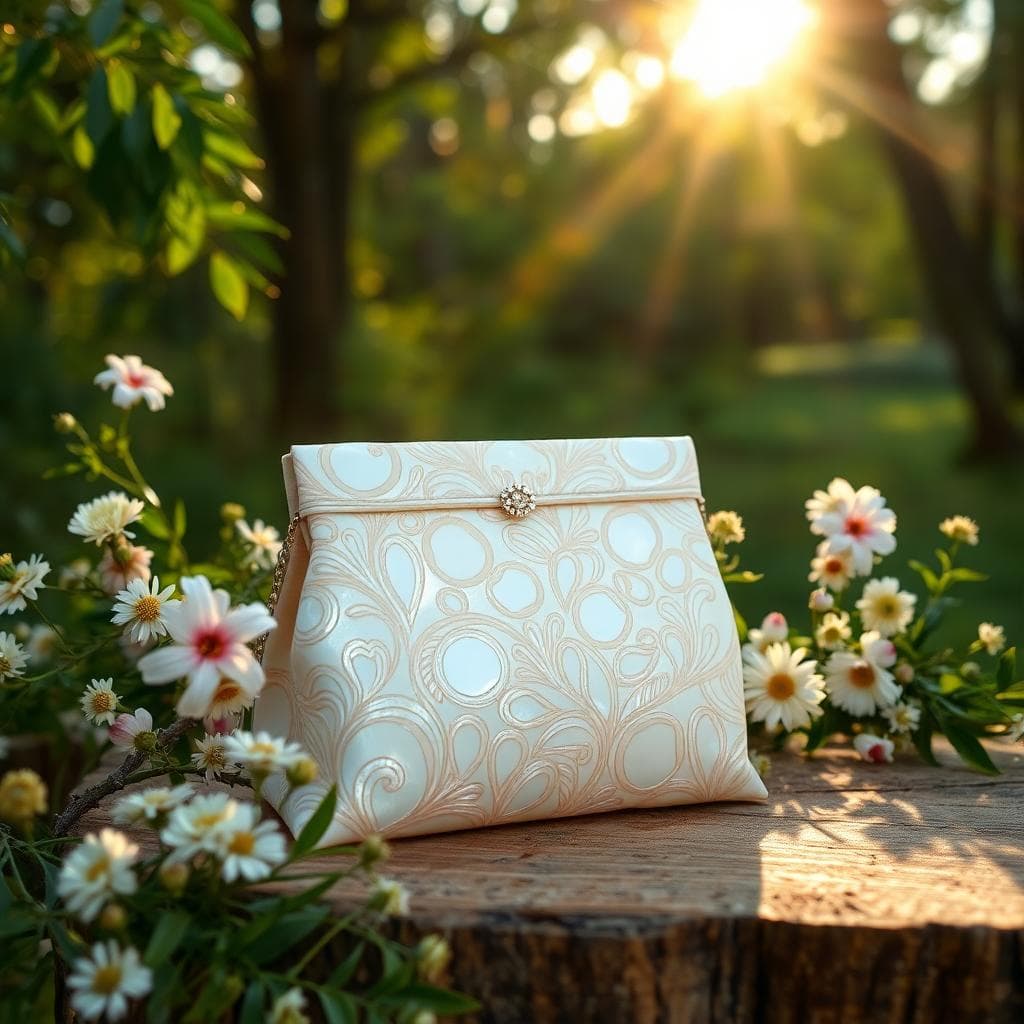 Pochette en raphia tressé sur table en bois avec fleurs sauvages, ambiance mariage champêtre bohème