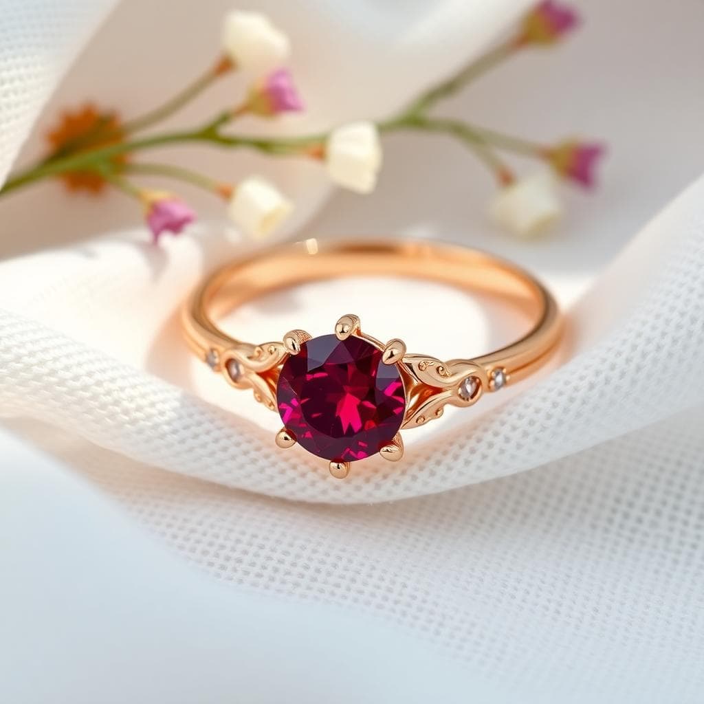 Une bague d'alliance élégante en or rose 750/1000e sertie d'un rubis rouge vif au centre, posée sur un fond de tissu blanc fluide avec des éléments bohèmes subtils comme des fleurs sauvages. L'image capture l'éclat romantique de la gemme sous une lumière douce, dans un style photographique naturel et intime, évoquant l'amour durable des noces de rubis.