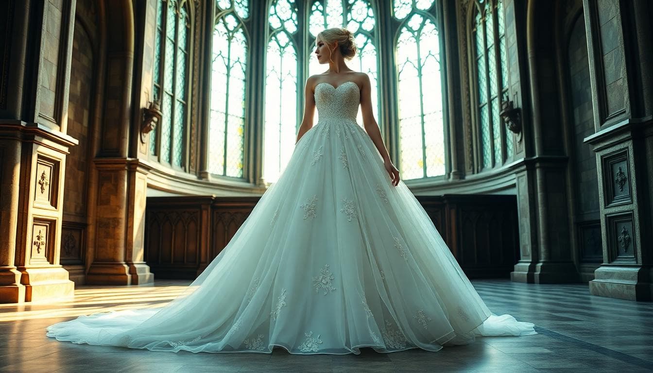 Robe de mariée royale avec manches longues en dentelle, corsage ajusté et longue traîne dans une cathédrale gothique