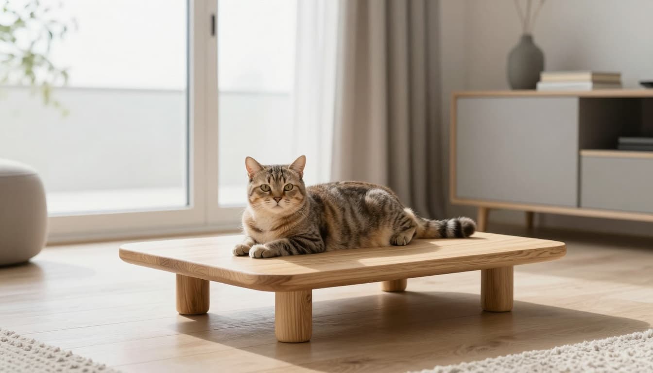 An elegant senior cat rests calmly on a low platform of a light wood cat tree in a modern Scandinavian interior with soft natural light and minimalist decor.
