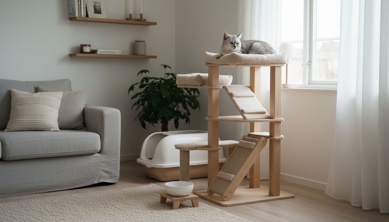 An elegant senior cat with gray fur rests comfortably on a stable light wood cat tree in a bright Scandinavian living room with easy access to fresh water and litter box.