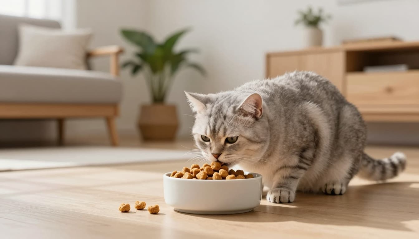 An elegant senior cat with soft grey fur and wise expression eats dry kibble from a modern ceramic bowl on a light wooden floor in a cozy bright Scandinavian living room.