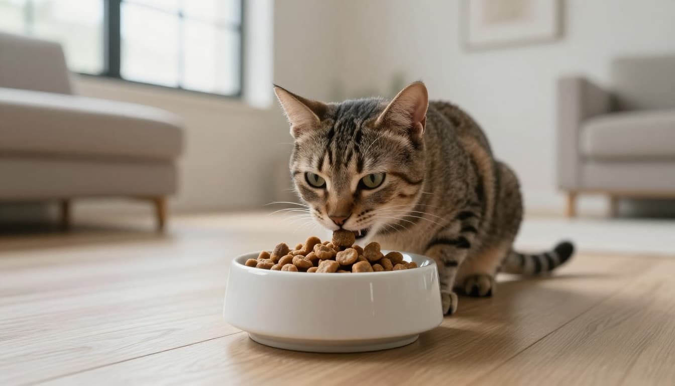 Un chat adulte élégant mange des croquettes dentaires texturées d'un bol en céramique moderne sur un sol en bois clair dans un salon scandinave lumineux avec lumière naturelle abondante.