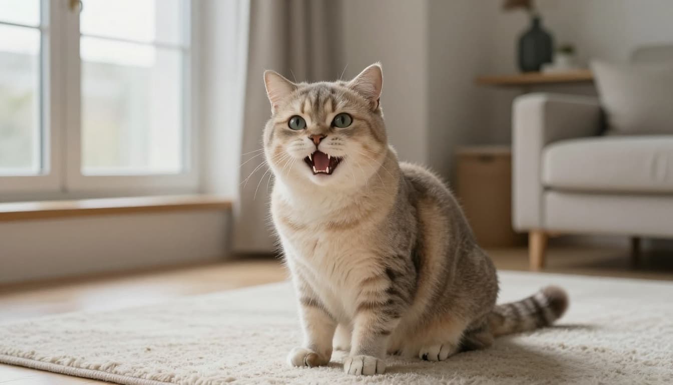 An elegant adult short-haired cat sits on a fluffy rug in a bright Scandinavian living room with abundant natural light, yawning widely to reveal its white teeth including thin incisors, pointed canines, premolars, and molars. Premium realistic lifestyle photography with soft natural shadows, shallow depth of field focused on the cat's face, minimalist light wood decor in neutral beige and gray tones creating a warm, cozy, and elegant atmosphere.