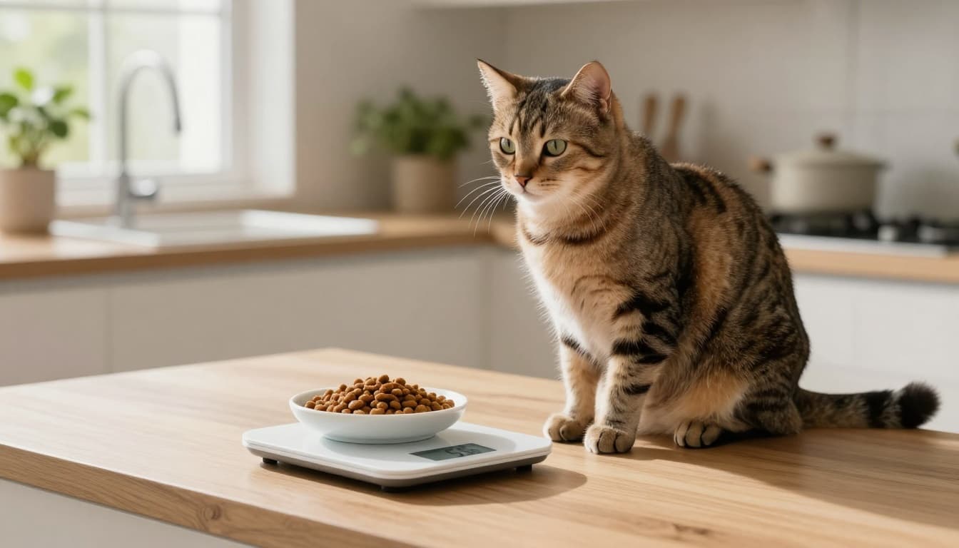 An elegant adult domestic shorthair cat sits calmly beside a digital kitchen scale displaying 55 grams of kibble in a dish on a light oak countertop in a modern Scandinavian kitchen.